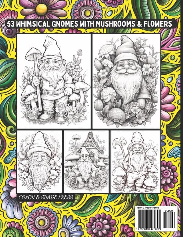 Gnome Coloring Large Books for Adults: 53 Whimsical Gnomes with Mushrooms & Flowers by Color & Shade Press