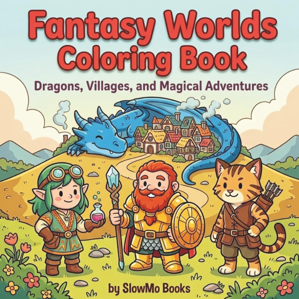 Fantasy Worlds Coloring Book: Dragons, Villages, and Magical Adventurers by SlowMo Books