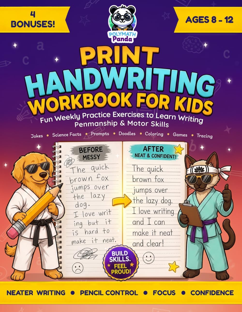 Print Handwriting Workbook for Kids 8-12: Fun Weekly Practice Exercises to Learn Writing, Penmanship & Motor Skills with Jokes, Science Facts & ... (Elementary Grade Writing Prompt Books) by Polymath Panda
