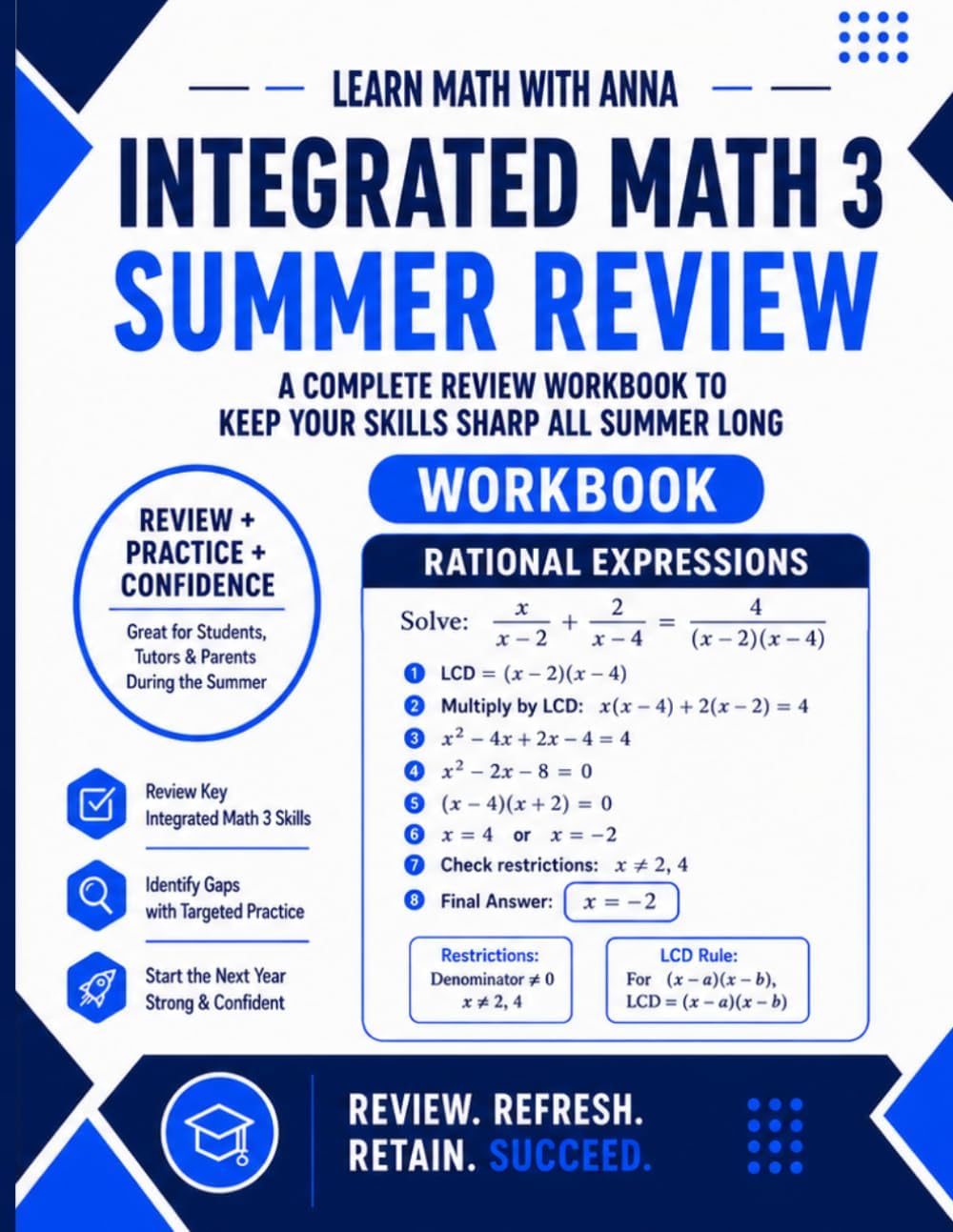 Integrated Math 3 Summer Review Workbook: Avoid the Summer Slide with Targeted Practice and Step-by-Step Solutions (Summer Review | USA Math Series) by Learn Math with Anna