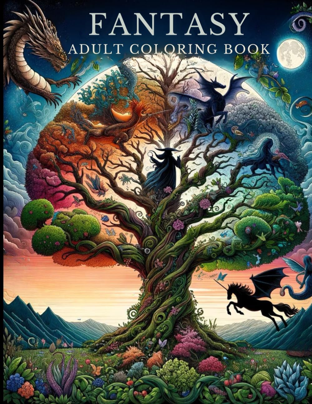 Fantasy Coloring Book For Adults: Enchanting Illustrations: 60 Greyscale Illustrations with Witches, Dragons, and Mythical Beasts, Magical Creatures, ... Unicorns, intricate flora, and elusive fauna. by DEV-MO Publishing