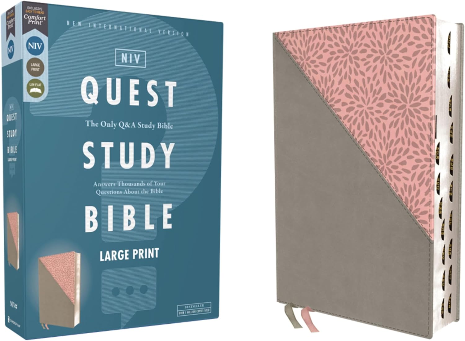 NIV, Quest Study Bible, Large Print, Leathersoft, Gray/Pink, Thumb Indexed, Comfort Print: The Only Q and A Study Bible by Christianity Today Intl.