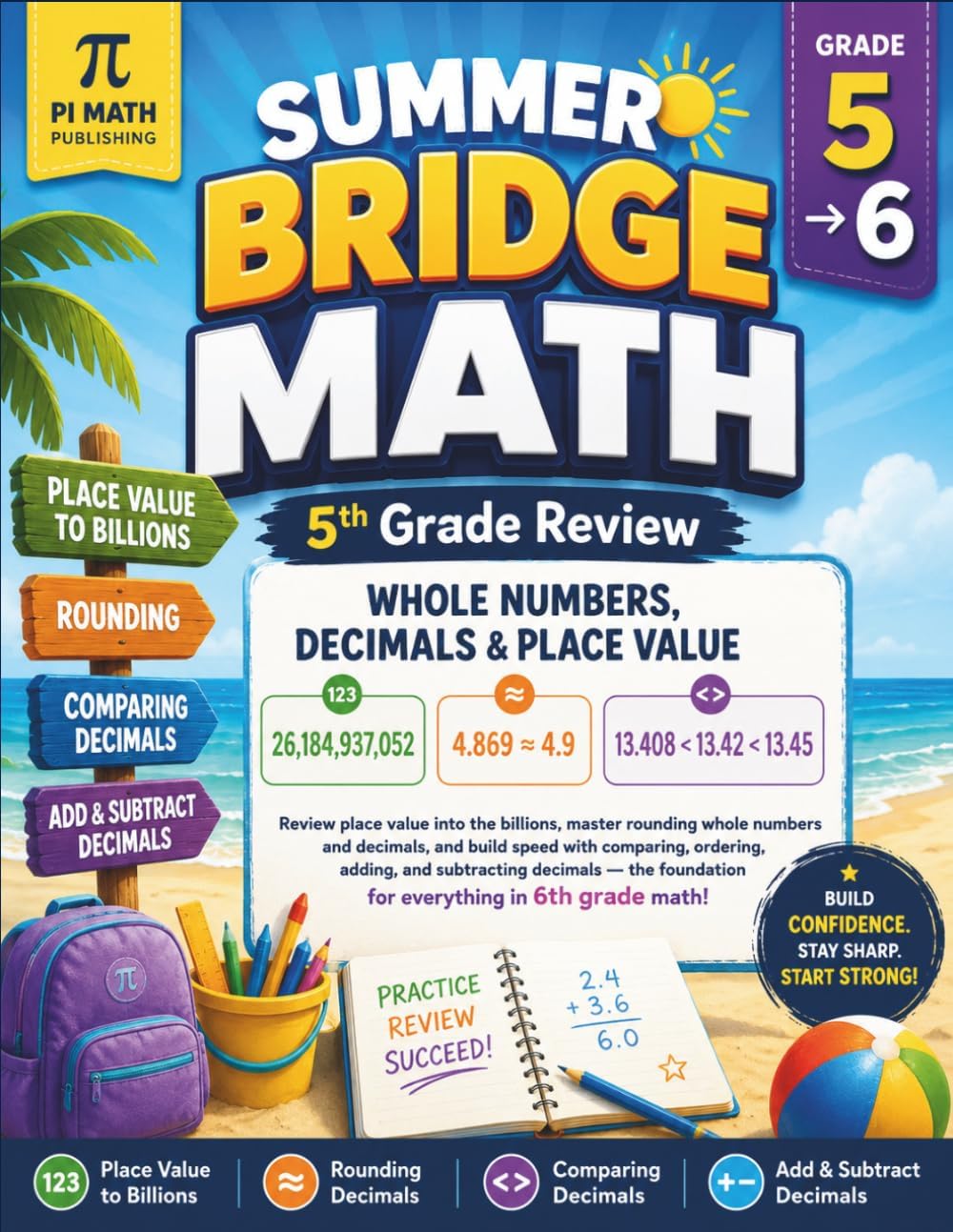 Summer Bridge Math Grade 5 to Grade 6: 8 Weeks of Daily Practice to Stop the Summer Slide — Decimals, Fractions, Ratios, Percents, Geometry & Negative ... (With Answer Keys) (PI MATH Summer Bridge) by PI MATH Publishing