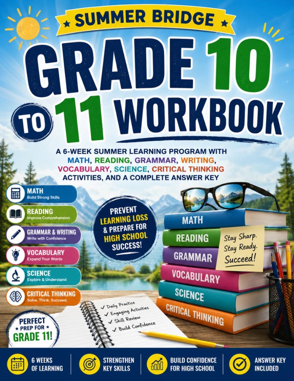 Summer Bridge High School Workbook Grade 10 to 11: A 6-Week Summer Learning Program with Math, Reading, Grammar, Writing, Vocabulary, Science, Critical Thinking Activities, and a Complete Answer Key by Dr Paige Racheal