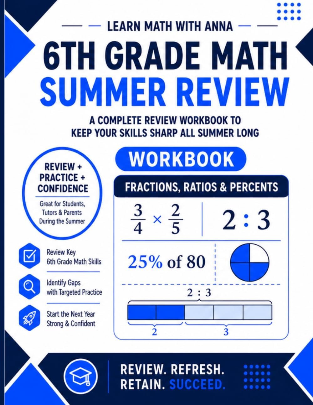 6th Grade Math Summer Review Workbook: Avoid the Summer Slide with Targeted Practice and Step-by-Step Solutions (Summer Review | USA Math Series) by Learn Math with Anna