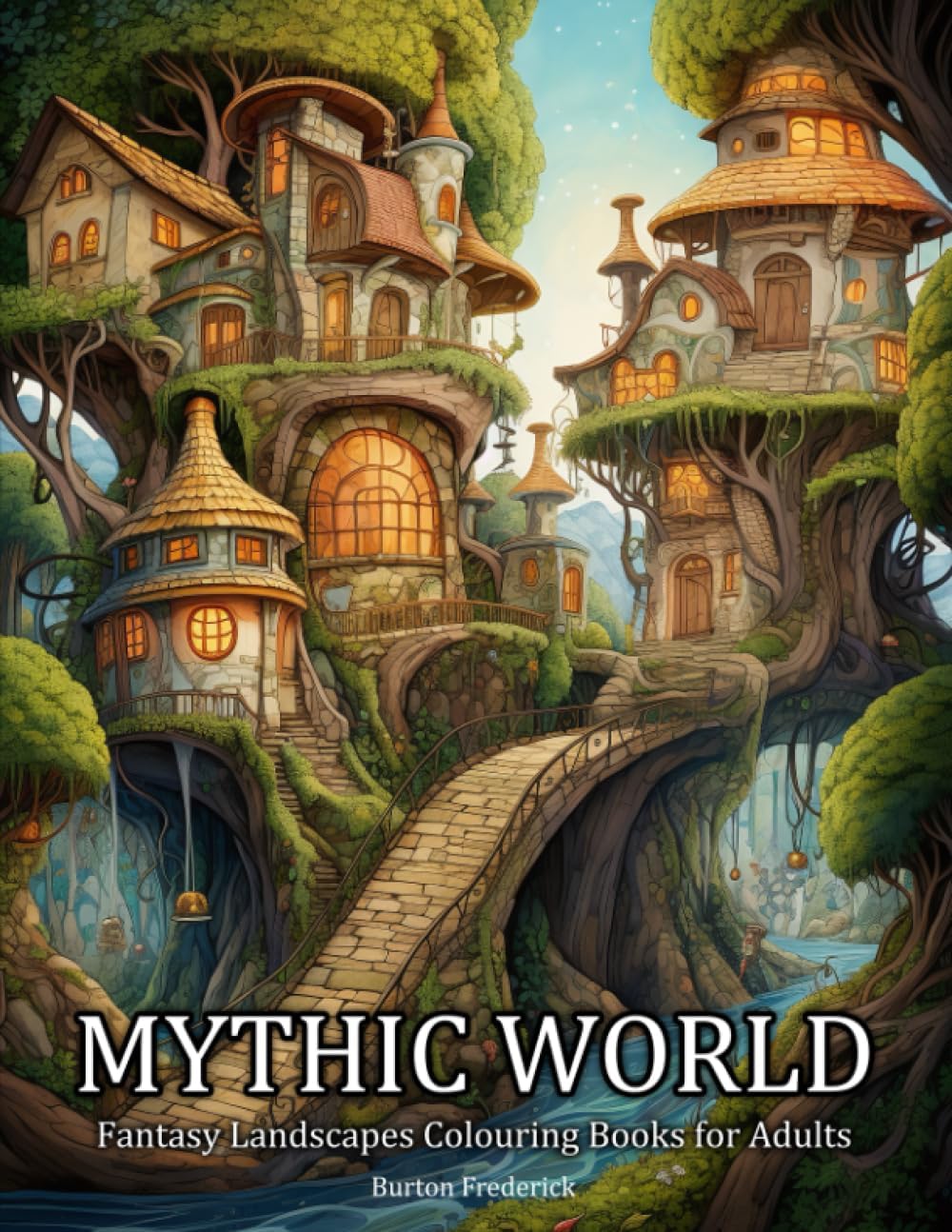 Mythic World: Fantasy Landscapes Colouring Books for Adults with Floating Island, Magical Forest, Whimsical Library, and Much More by Burton Frederick