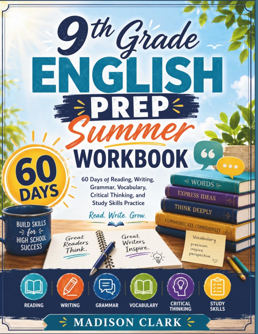 9th Grade English Prep Summer Workbook: 60 Days of Reading, Writing, Grammar, Vocabulary, Critical Thinking and Study Skills Practice by Madison Clark