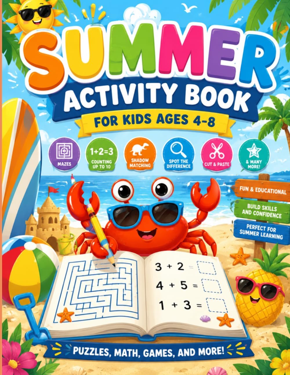 Summer Activity Book for Kids Ages 4–8: Mazes, Counting, Cut and Paste, Shadow Matching, Spot the Difference & More Summer Fun! by Ornella Peterson