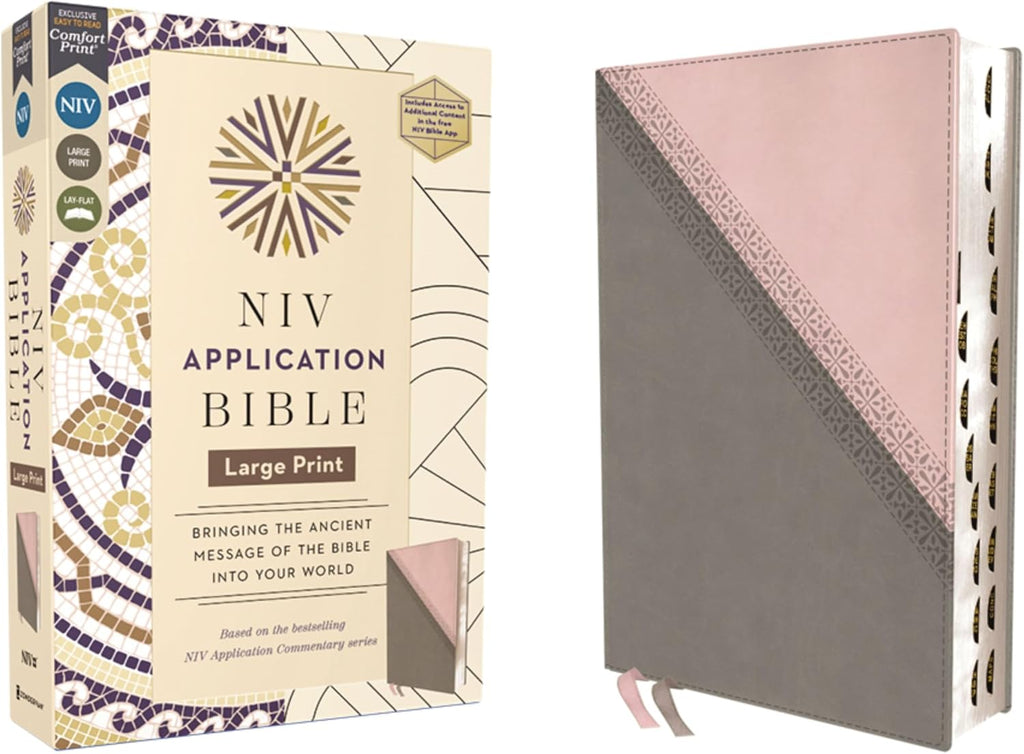 NIV Application Bible, Large Print, Leathersoft, Pink/Gray, Red Letter, Thumb Indexed, Comfort Print: Bringing the Ancient Message of the Bible into Your World (NIV Application Commentary Resources) by Zondervan