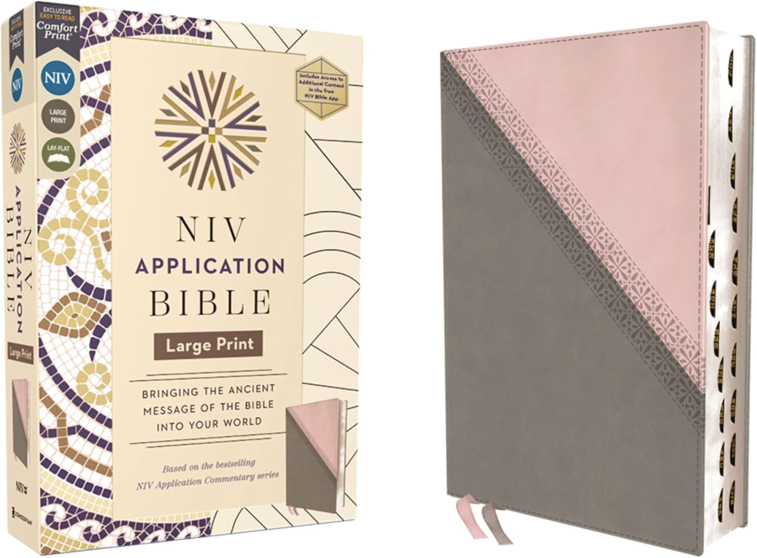 NIV Application Bible, Large Print, Leathersoft, Pink/Gray, Red Letter, Thumb Indexed, Comfort Print: Bringing the Ancient Message of the Bible into Your World (NIV Application Commentary Resources) by Zondervan