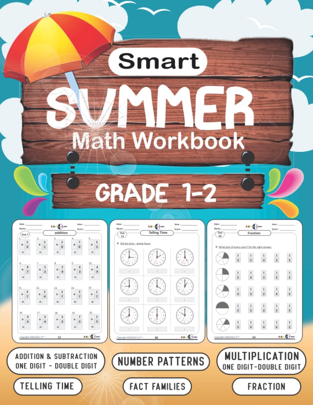 Smart Summer Math Workbook grade 1-2: 100 day of Math - Math workbook for learning:fractions-adition subtraction (1-2 digit)-multiplication (1-2 ... time-number patterns Grade 1-2 / Ages 6+ by adame printing