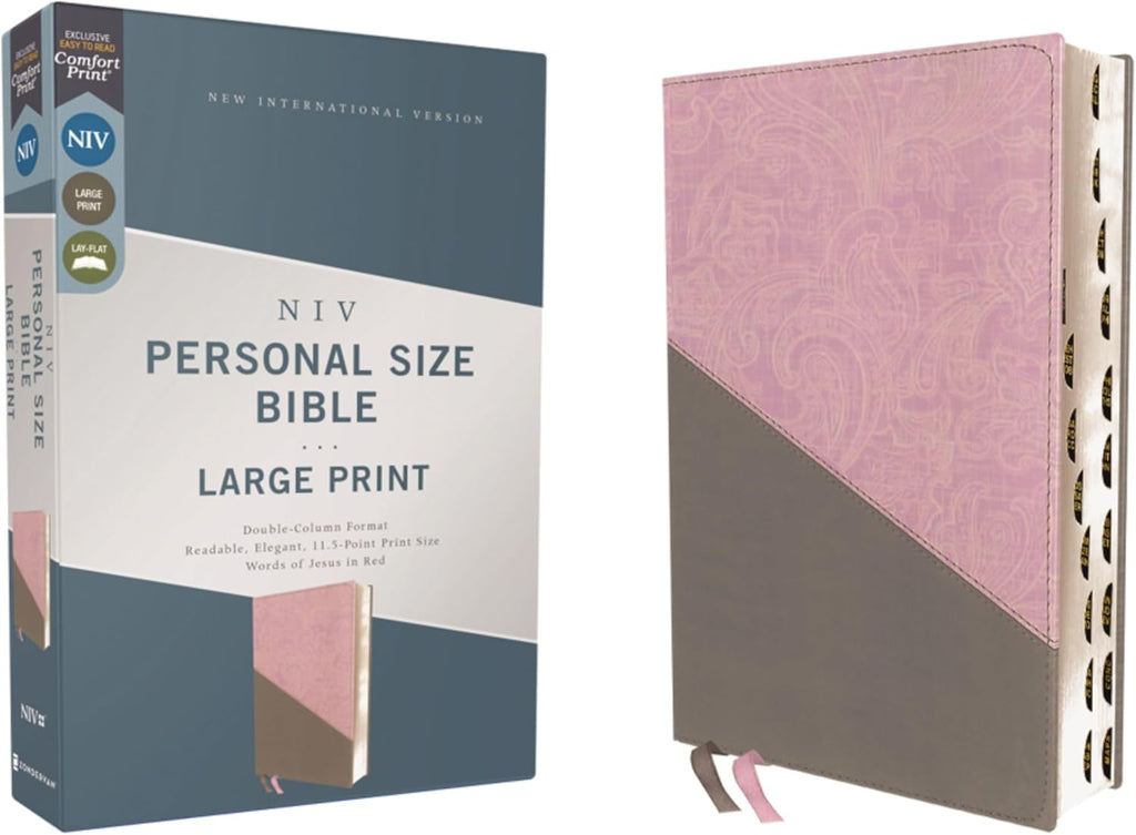 NIV, Personal Size Bible, Large Print, Leathersoft, Pink/Gray, Red Letter, Thumb Indexed, Comfort Print by Zondervan