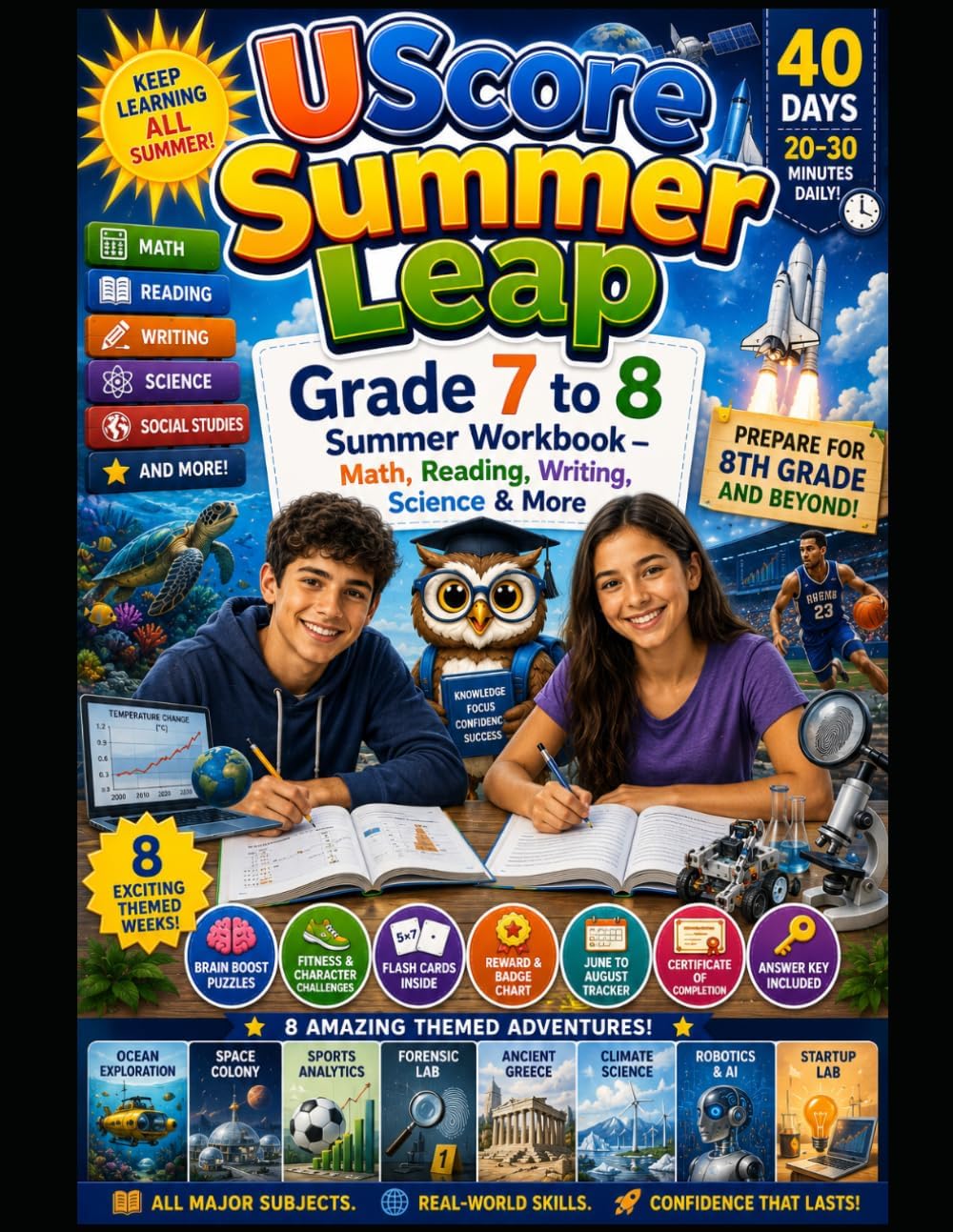 UScore Summer Leap: Grade 7 to 8 Summer Workbook — Math, Reading, Writing, Science & More by UScore Academy