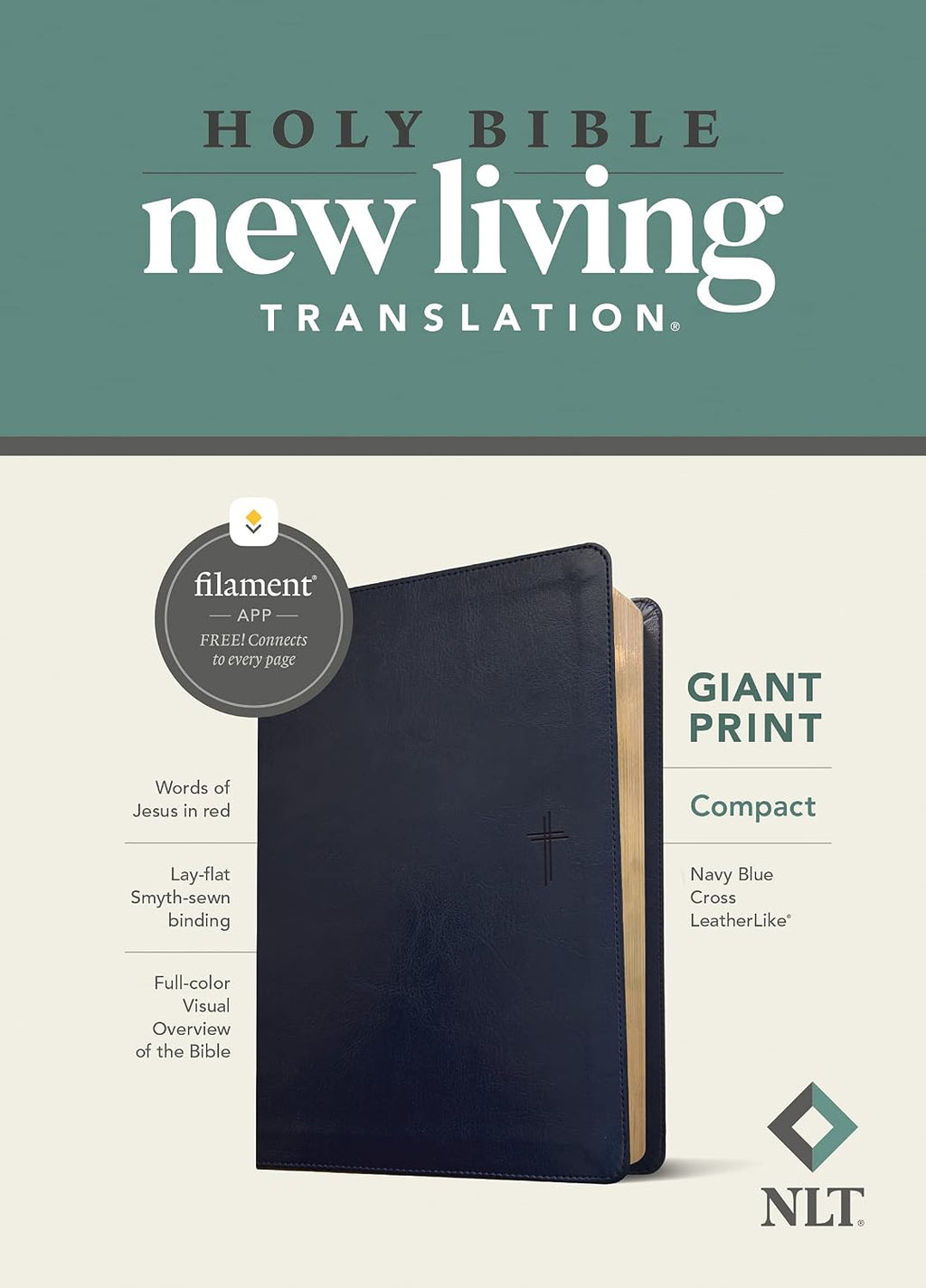 NLT Compact Giant Print Bible, Filament Enabled (LeatherLike, Navy Blue Cross, Red Letter) by New Living Translation