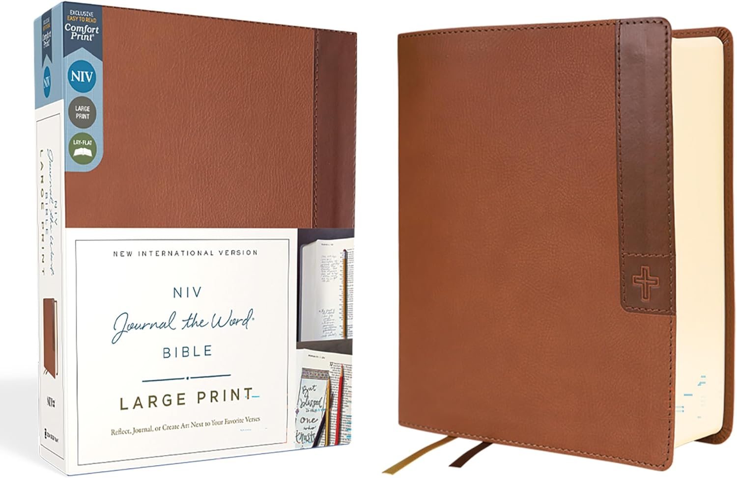 NIV, Journal the Word Bible (Perfect for Note-Taking), Large Print, Leathersoft, Brown, Red Letter, Comfort Print: Reflect, Take Notes, or Create Art Next to Your Favorite Verses by Zondervan