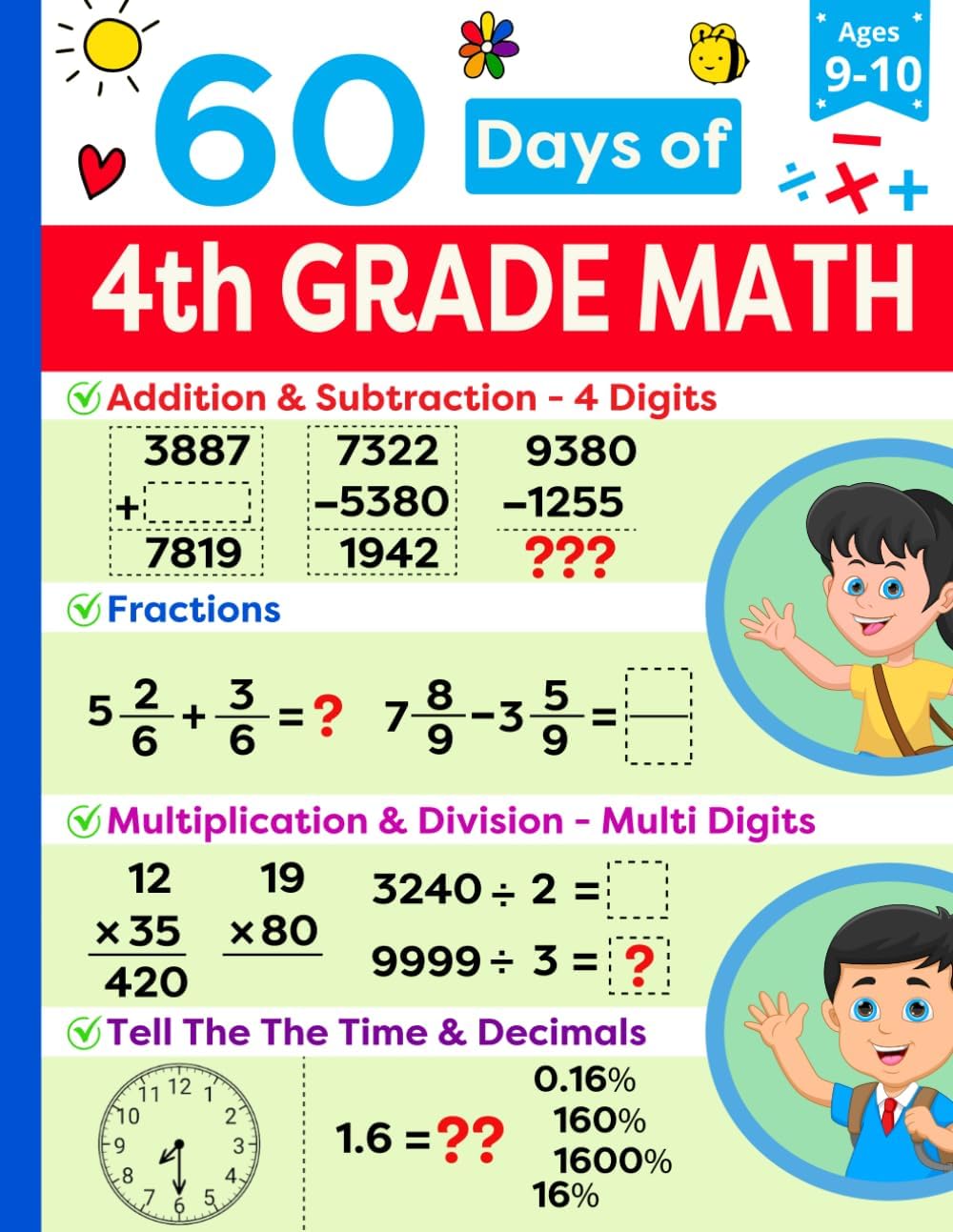 4th Grade Math Practice Book Ages 9 to 10: 4th Grade Summer Workbook Featuring Addition, Subtraction, Multiplication, Division, Fractions and more | ... (Math Ninjas - Children Math Essentials) by Math Ninjas