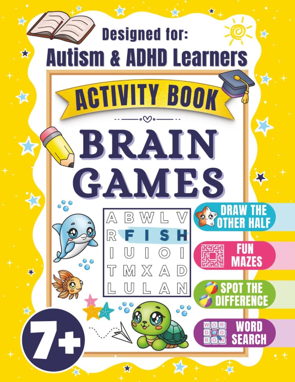 Brain Games Activity Book for Kids 7+: A Focused Learning Workbook for ADHD & Autism Learners, Summer-Themed Mix of Puzzles, Word Searches, and Fine Motor Exercises (Inclusive Learner Corner) by Marina Varga