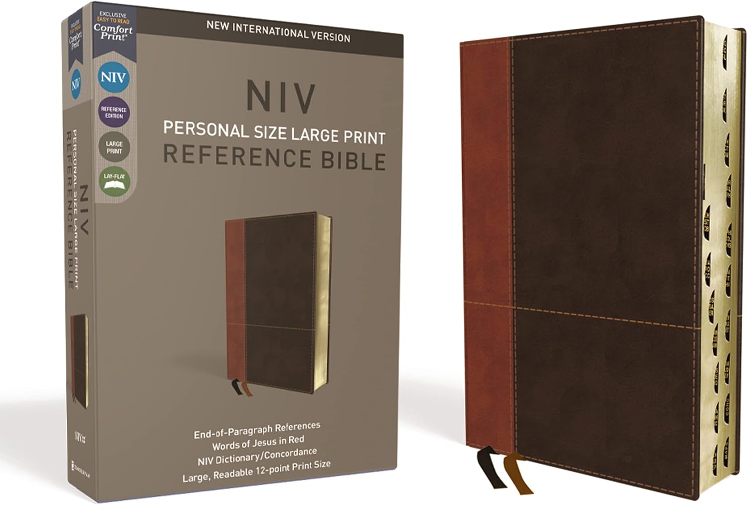 NIV, Personal Size Reference Bible, Large Print, Leathersoft, Tan/Brown, Red Letter, Thumb Indexed, Comfort Print by Zondervan