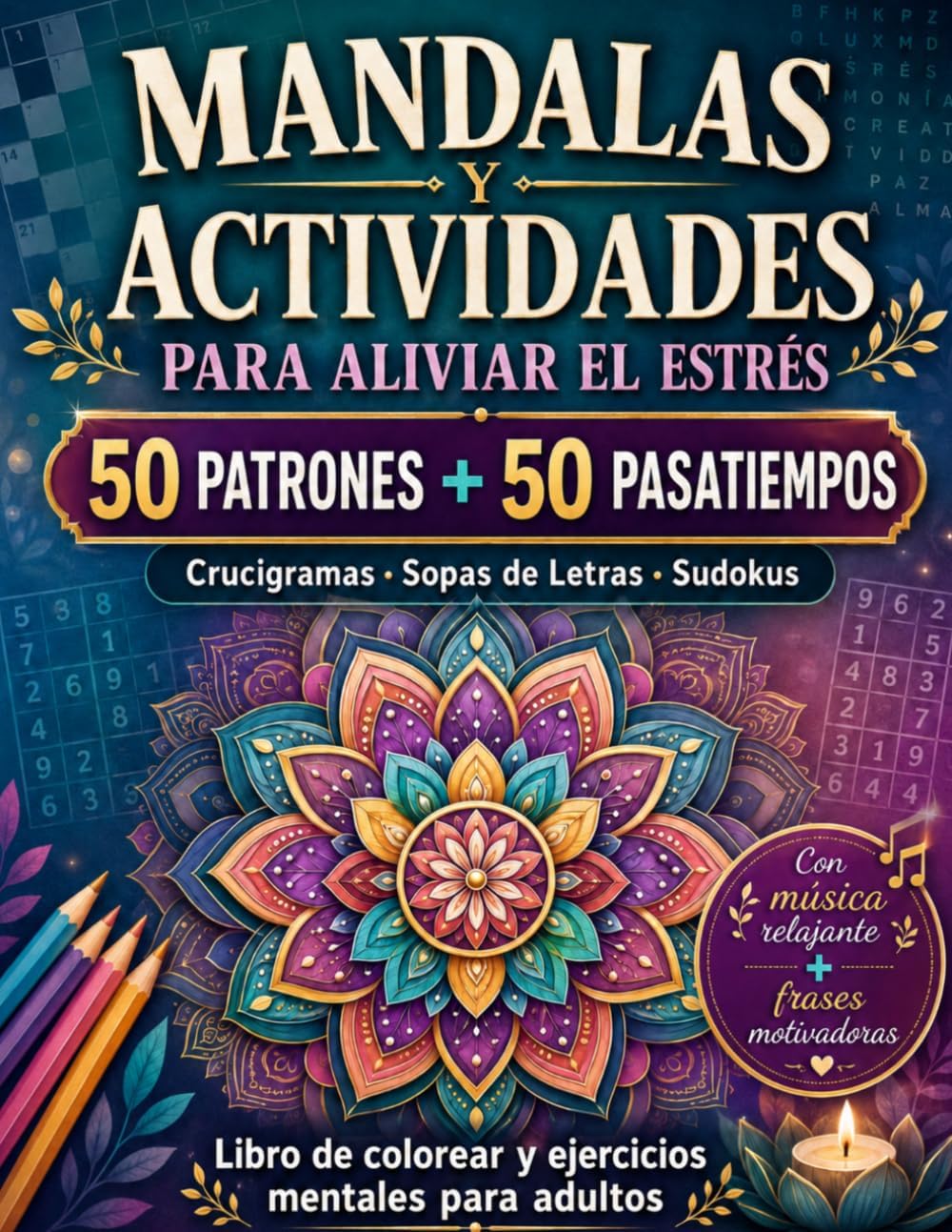 Mandalas y Actividades para Aliviar el Estrés: 50 Patrones + 50 Pasatiempos (Crucigramas, Sopas de Letras y Sudokus) para Aliviar la Ansiedad y ... (Colorea, juega y escapa) (Spanish Edition) by BigLittleGoods editorial
