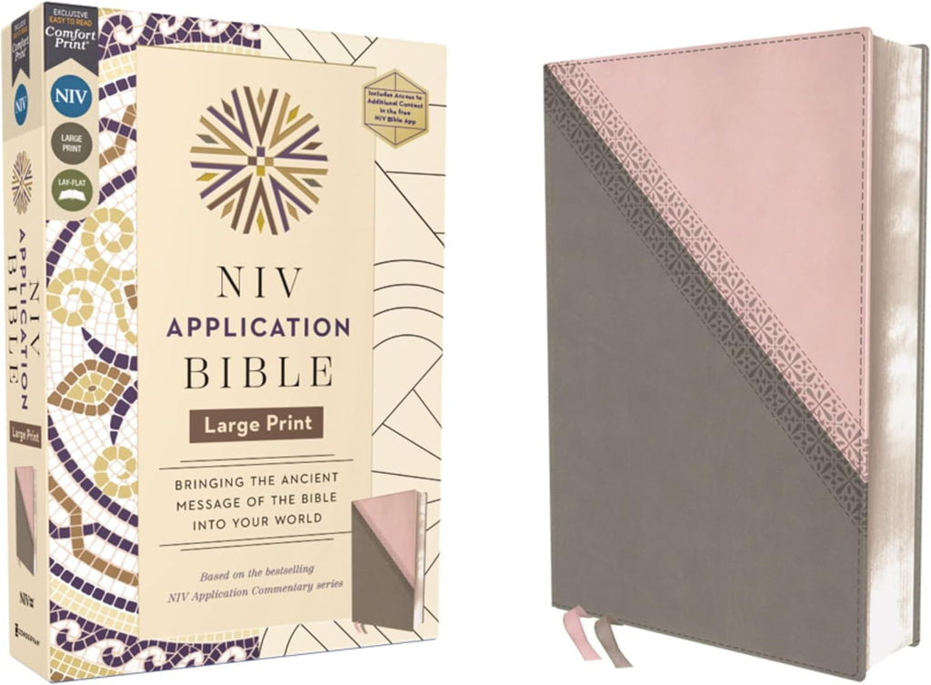NIV Application Bible, Large Print, Leathersoft, Pink/Gray, Red Letter, Comfort Print: Bringing the Ancient Message of the Bible into Your World (NIV Application Commentary Resources) by Zondervan
