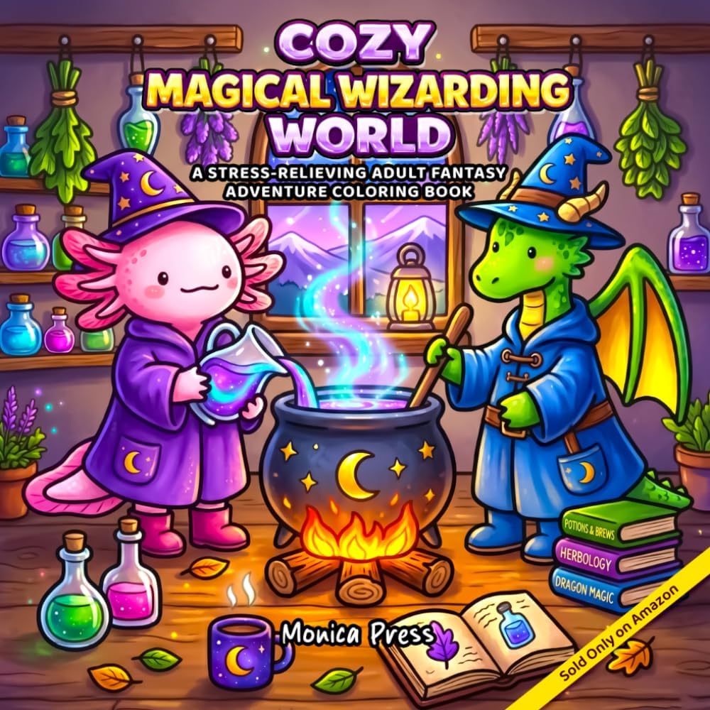 Cozy Magical Wizarding World Coloring Book: A Cozy Fantasy Coloring Book for Adults & Teens Featuring Cute Wizards, Dragons, and Relaxing Magical Scenes by Monica Press