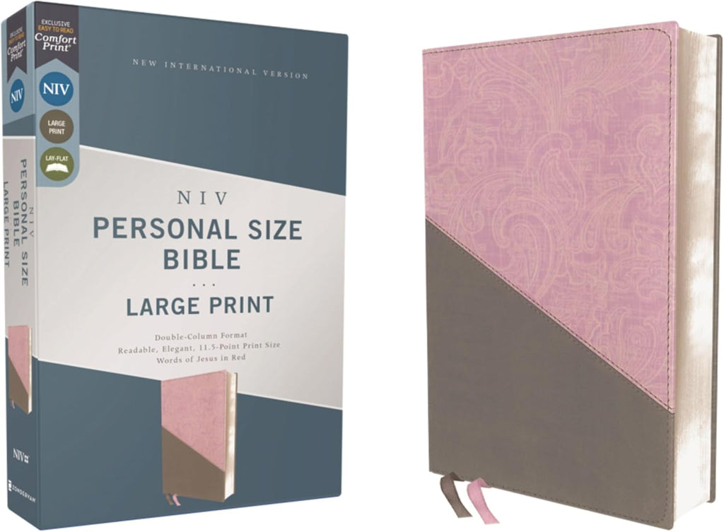 NIV, Personal Size Bible, Large Print, Leathersoft, Pink/Gray, Red Letter, Comfort Print by Zondervan