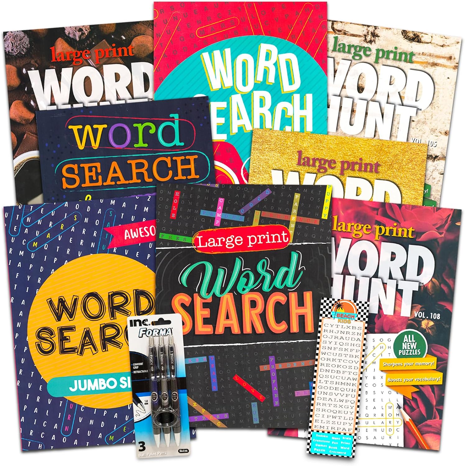 8 Large Print Word Search Books for Adults, Seniors - Set of 8 Jumbo Word Hunt Puzzle Books with Large Print Plus Pen and Magnifier (Over 700 Word Find Puzzles) by Word Search Books