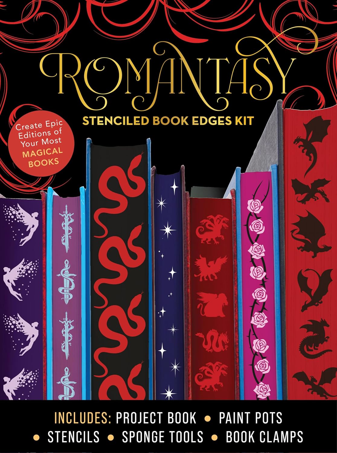 Romantasy Stenciled Book Edges Kit: Create Epic Editions of Your Most Magical Books - Includes: Project Book, Paint Pots, Stencils, Sponge Tools, Book Clamps by Editors of Chartwell Books