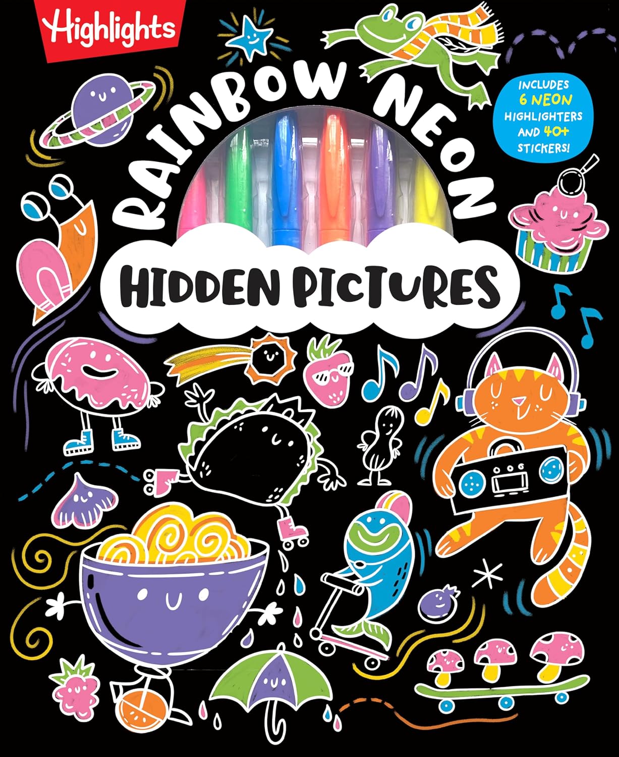 Rainbow Neon Hidden Pictures: Rainbow Activity Book with Neon Markers and Over 40 Stickers, Fun Sticker Puzzle Book for Creative Kids Ages 6-12 (Highlights Hidden Pictures Coloring Kits) by Highlights