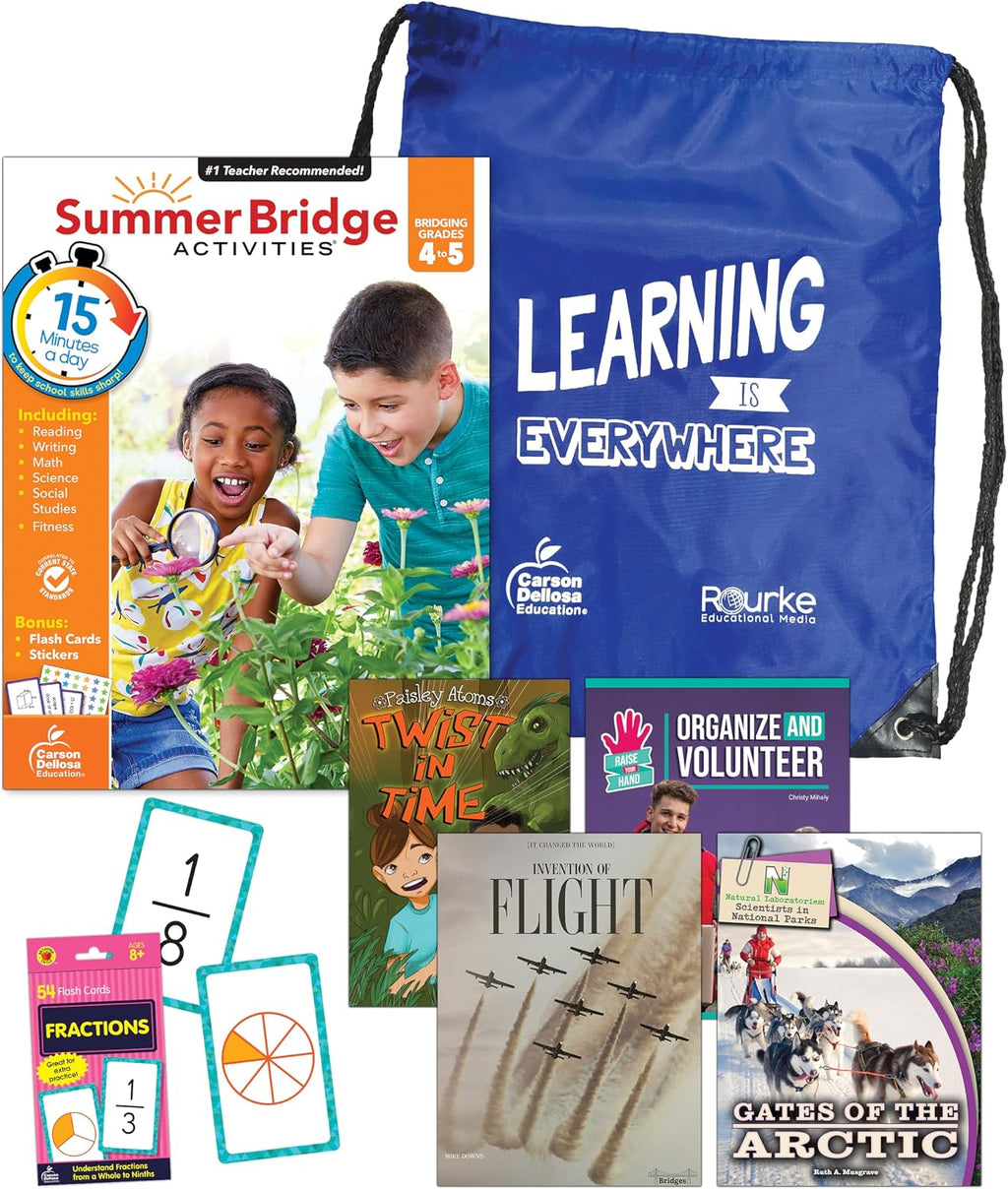 Summer Bridge Activities 4-5 Bundle, Ages 9-10, Math, Language Arts, and Science Summer Learning 5th Grade Workbooks All Subjects, Fractions Math Flash Cards, Children's Books, and Drawstring Bag by Rourke Educational Media