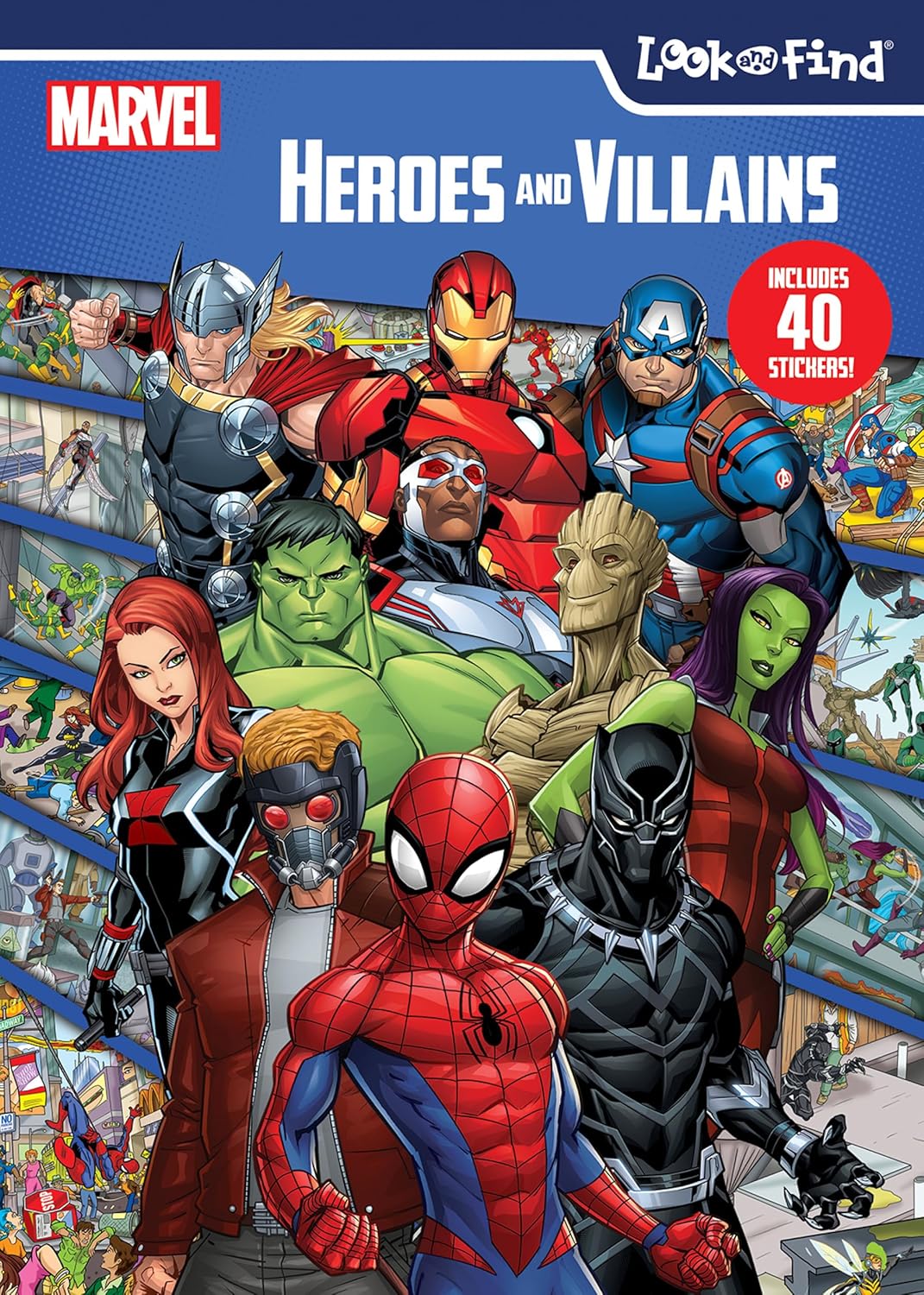 Marvel Spider-man, Avengers, Guardians, and More! - Heroes and Villains Look and Find Activity Book with Stickers - PI Kids by Pi Kids