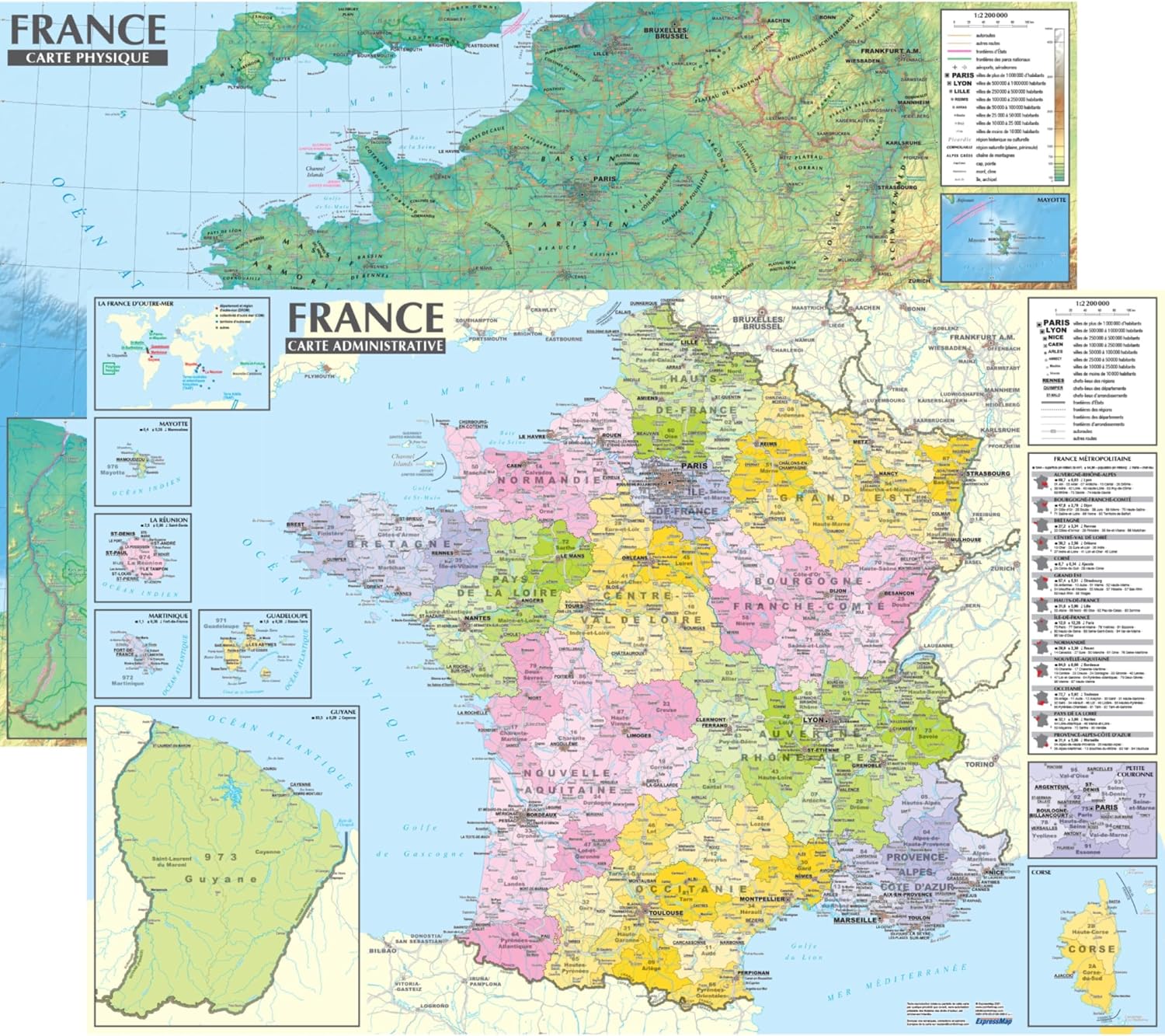 France 1/2.200.000 - carte administrative et physique (sans barres alu) 67 × 47 cm by unknown author