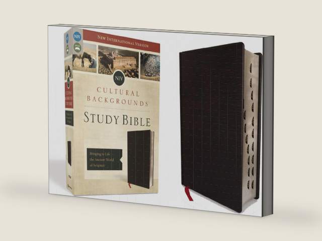 NIV, Cultural Backgrounds Study Bible (Context Changes Everything), Bonded Leather, Black, Red Letter, Thumb Indexed: Bringing to Life the Ancient World of Scripture by Zondervan | barcode:9780310444435 | source:'9780310444435-right-three-quarter.jpg