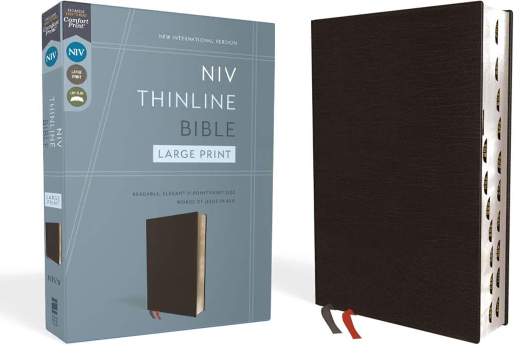 NIV, Thinline Bible, Large Print, Bonded Leather, Black, Red Letter, Thumb Indexed, Comfort Print by Zondervan | barcode:9780310448334 | source:'9780310448334.jpg