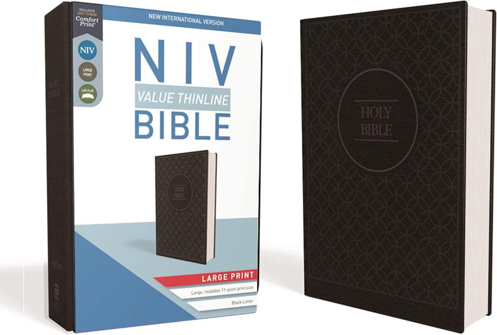 NIV, Value Thinline Bible, Large Print, Leathersoft, Gray/Black, Comfort Print by Zondervan | barcode:9780310448518 | source:'9780310448518.jpg