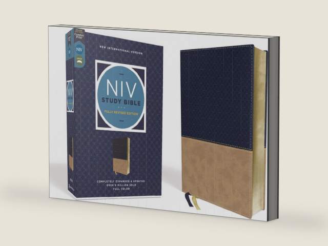 NIV Study Bible, Fully Revised Edition (Study Deeply. Believe Wholeheartedly.), Leathersoft, Navy/Tan, Red Letter, Comfort Print by Zondervan | barcode:9780310448990 | source:'9780310448990-right-three-quarter.jpg