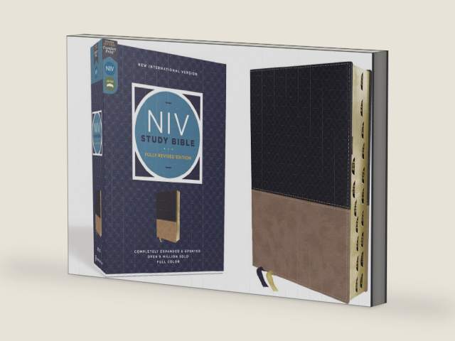NIV Study Bible, Fully Revised Edition (Study Deeply. Believe Wholeheartedly.), Leathersoft, Navy/Tan, Red Letter, Thumb Indexed, Comfort Print by Zondervan | barcode:9780310449027 | source:'9780310449027-right-three-quarter.jpg