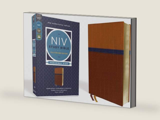 NIV Study Bible, Fully Revised Edition (Study Deeply. Believe Wholeheartedly.), Personal Size, Leathersoft, Brown/Blue, Red Letter, Comfort Print by Zondervan | barcode:9780310449126 | source:'9780310449126-right-three-quarter.jpg