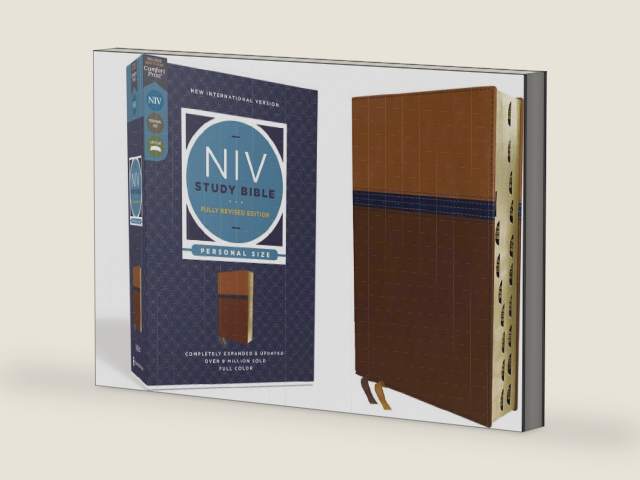 NIV Study Bible, Fully Revised Edition (Study Deeply. Believe Wholeheartedly.), Personal Size, Leathersoft, Brown/Blue, Red Letter, Thumb Indexed, Comfort Print by Zondervan | barcode:9780310449133 | source:'9780310449133-right-three-quarter.jpg
