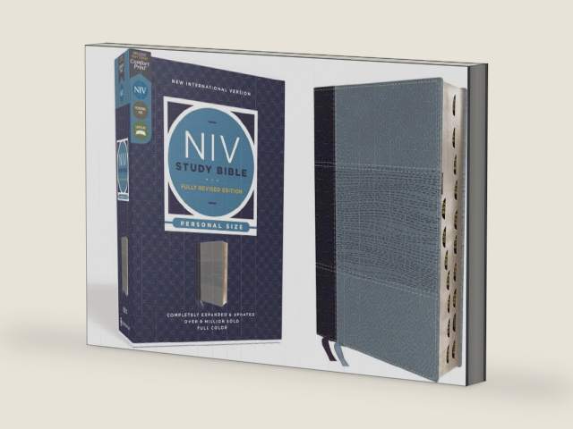 NIV Study Bible, Fully Revised Edition (Study Deeply. Believe Wholeheartedly.), Personal Size, Leathersoft, Navy/Blue, Red Letter, Thumb Indexed, Comfort Print by Zondervan | barcode:9780310449157 | source:'9780310449157-right-three-quarter.jpg