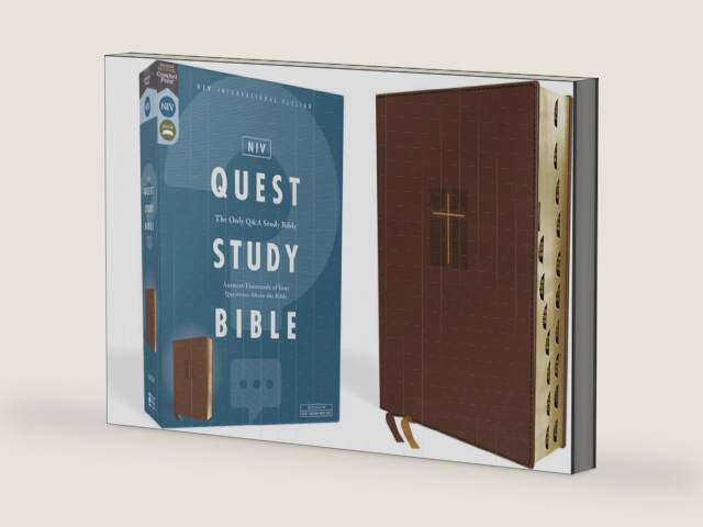 NIV, Quest Study Bible, Leathersoft, Brown, Thumb Indexed, Comfort Print: The Only Q and A Study Bible by Zondervan | barcode:9780310450856 | source:'9780310450856-right-three-quarter.jpg