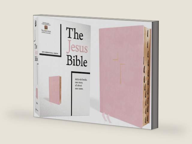 The Jesus Bible, NIV Edition, (With Thumb Tabs to Help Locate the Books of the Bible), Leathersoft over Board, Pink, Thumb Indexed, Comfort Print by Zondervan | barcode:9780310452300 | source:'9780310452300-right-three-quarter.jpg