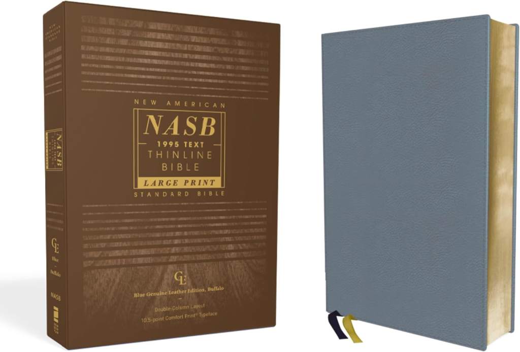 NASB, Thinline Bible, Large Print, Genuine Leather, Buffalo, Blue, Red Letter, 1995 Text, Comfort Print by Zondervan | barcode:9780310456308 | source:'9780310456308.jpg