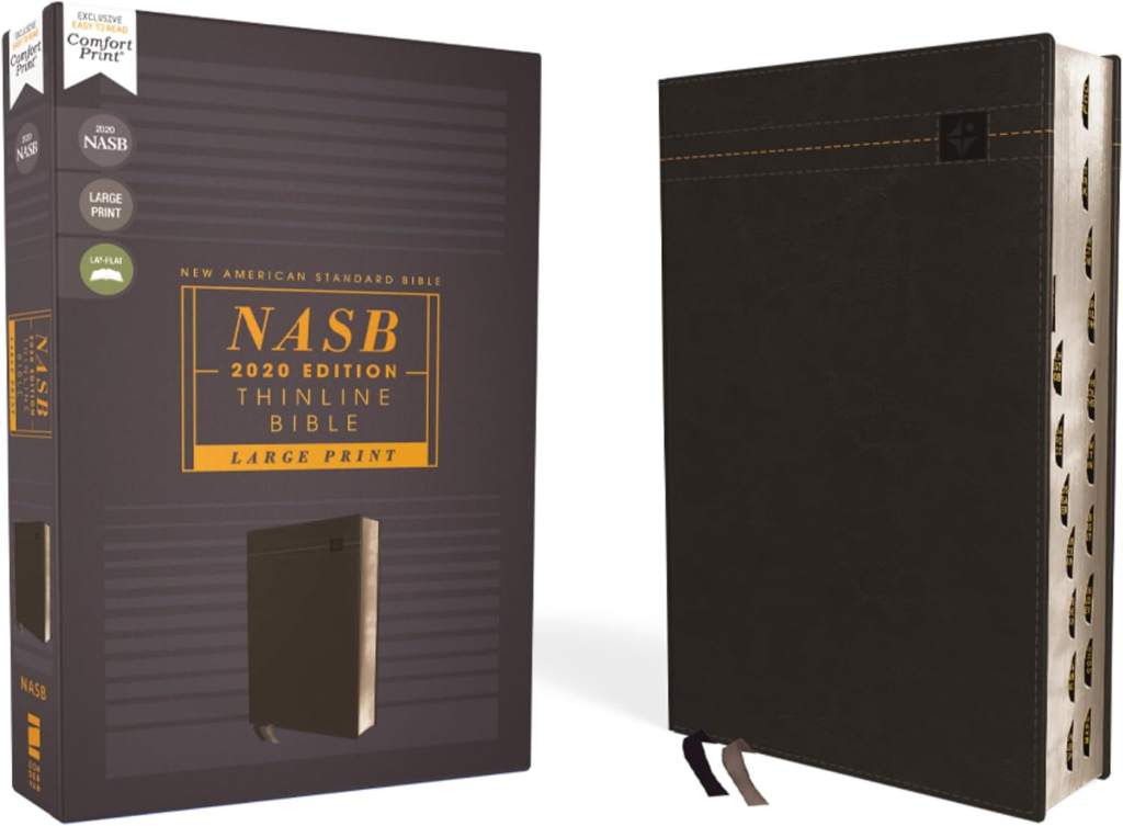 NASB, Thinline Bible, Large Print, Leathersoft, Black, Red Letter, 2020 Text, Thumb Indexed, Comfort Print by Zondervan | barcode:9780310456674 | source:'9780310456674.jpg