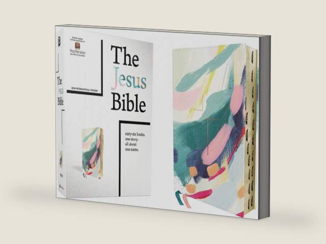 The Jesus Bible Artist Edition, NIV, (With Thumb Tabs to Help Locate the Books of the Bible), Leathersoft, Multi-color/Teal, Thumb Indexed, Comfort Print by Zondervan | barcode:9780310457541 | source:'9780310457541-right-three-quarter.jpg