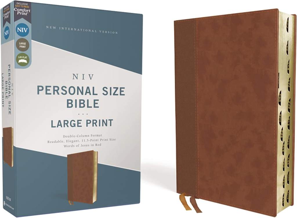 NIV, Personal Size Bible, Large Print, Leathersoft, Brown, Red Letter, Thumb Indexed, Comfort Print by Zondervan | barcode:9780310458821 | source:'9780310458821.jpg