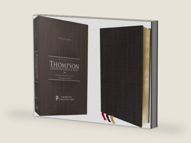 NKJV, Thompson Chain-Reference Bible, Premium Goatskin Leather, Black, Premier Collection, Black Letter, Art Gilded Edges, Comfort Print by Zondervan | barcode:9780310459477 | source:'9780310459477-right-three-quarter.jpg