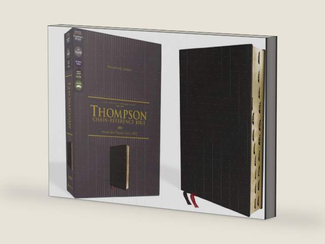 NASB, Thompson Chain-Reference Bible, Genuine Leather, Calfskin, Black, 1995 Text, Red Letter, Thumb Indexed, Comfort Print by Zondervan | barcode:9780310459668 | source:'9780310459668-right-three-quarter.jpg