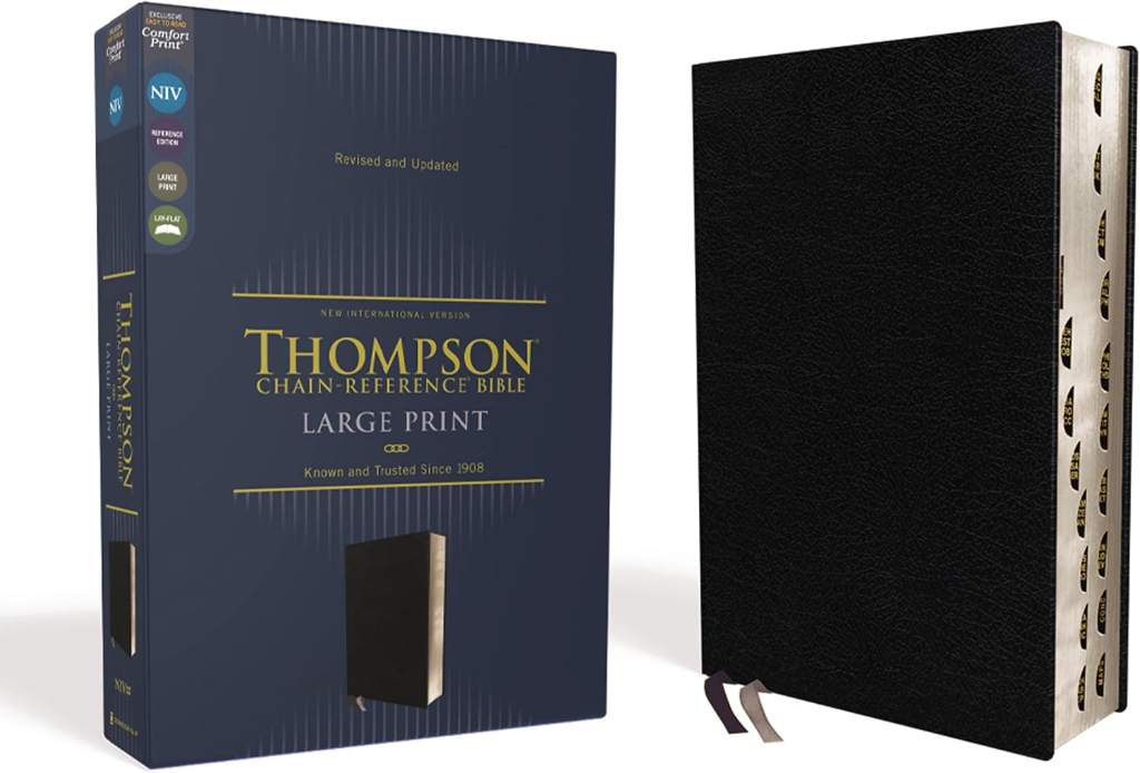 NIV, Thompson Chain-Reference Bible, Large Print, Bonded Leather, Black, Thumb Indexed, Red Letter, Comfort Print by Zondervan | barcode:9780310459774 | source:'9780310459774.jpg