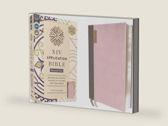 NIV Application Bible, Personal Size, Leathersoft, Pink/Gray, Red Letter, Comfort Print: Bringing the Ancient Message of the Bible into Your World (NIV Application Commentary Resources) by Zondervan | barcode:9780310465263 | source:'9780310465263-right-three-quarter.jpg